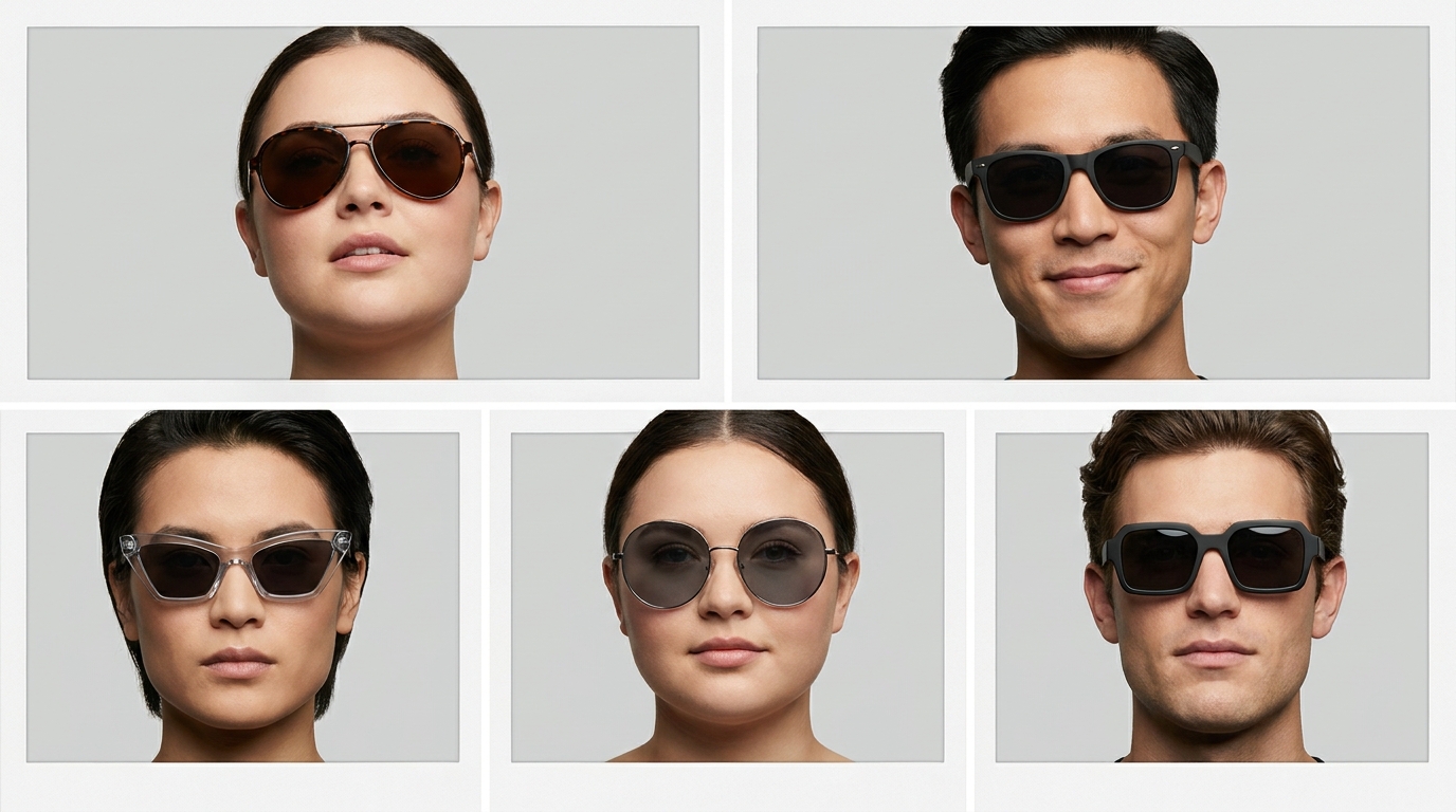 Cuadrícula de personas con diferentes formas de gafas de sol ilustrando estilos