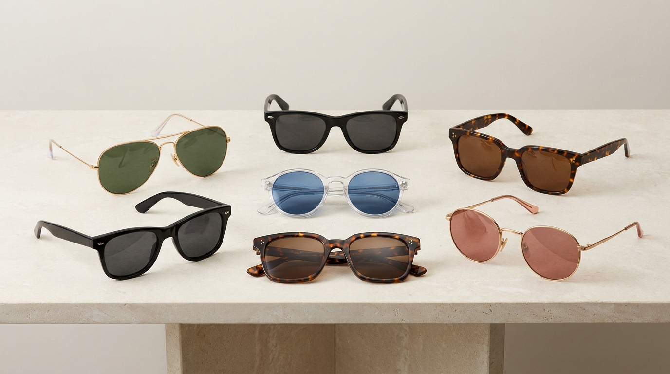 Selección de modelos de gafas de sol variadas sobre superficie de mármol