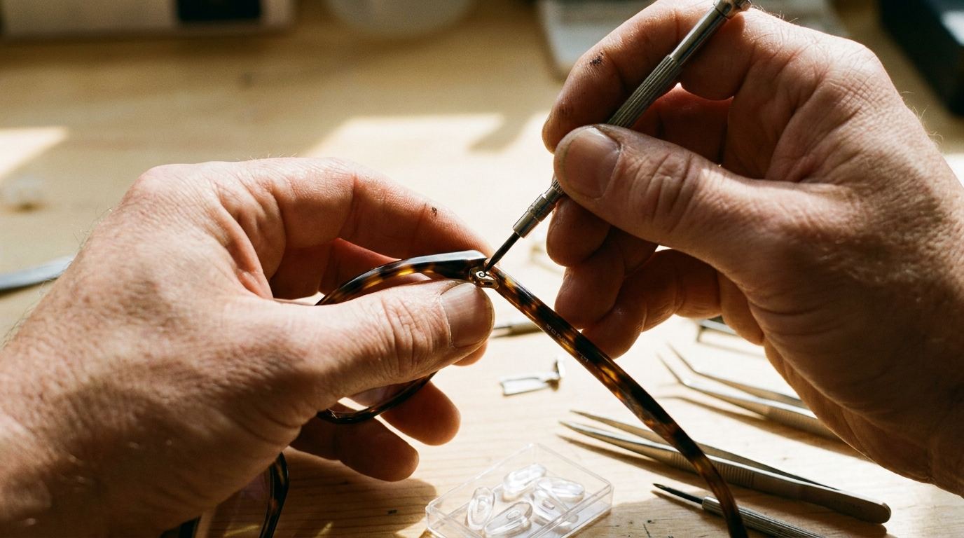 Manos reparando un armazón de lentes con herramientas de precisión sobre una mesa