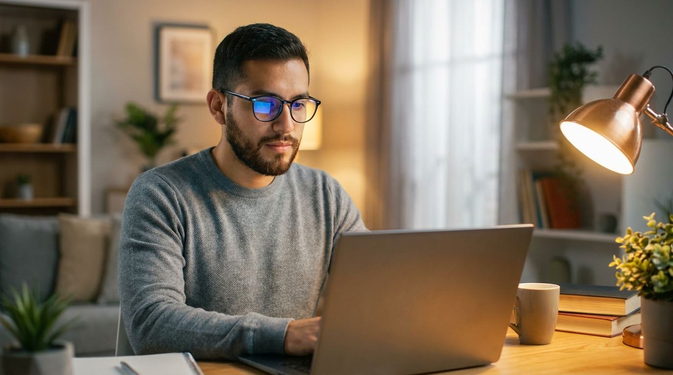 Persona usando sus lentes nuevos con filtro de luz azul en casa, tras el servicio de óptica a domicilio