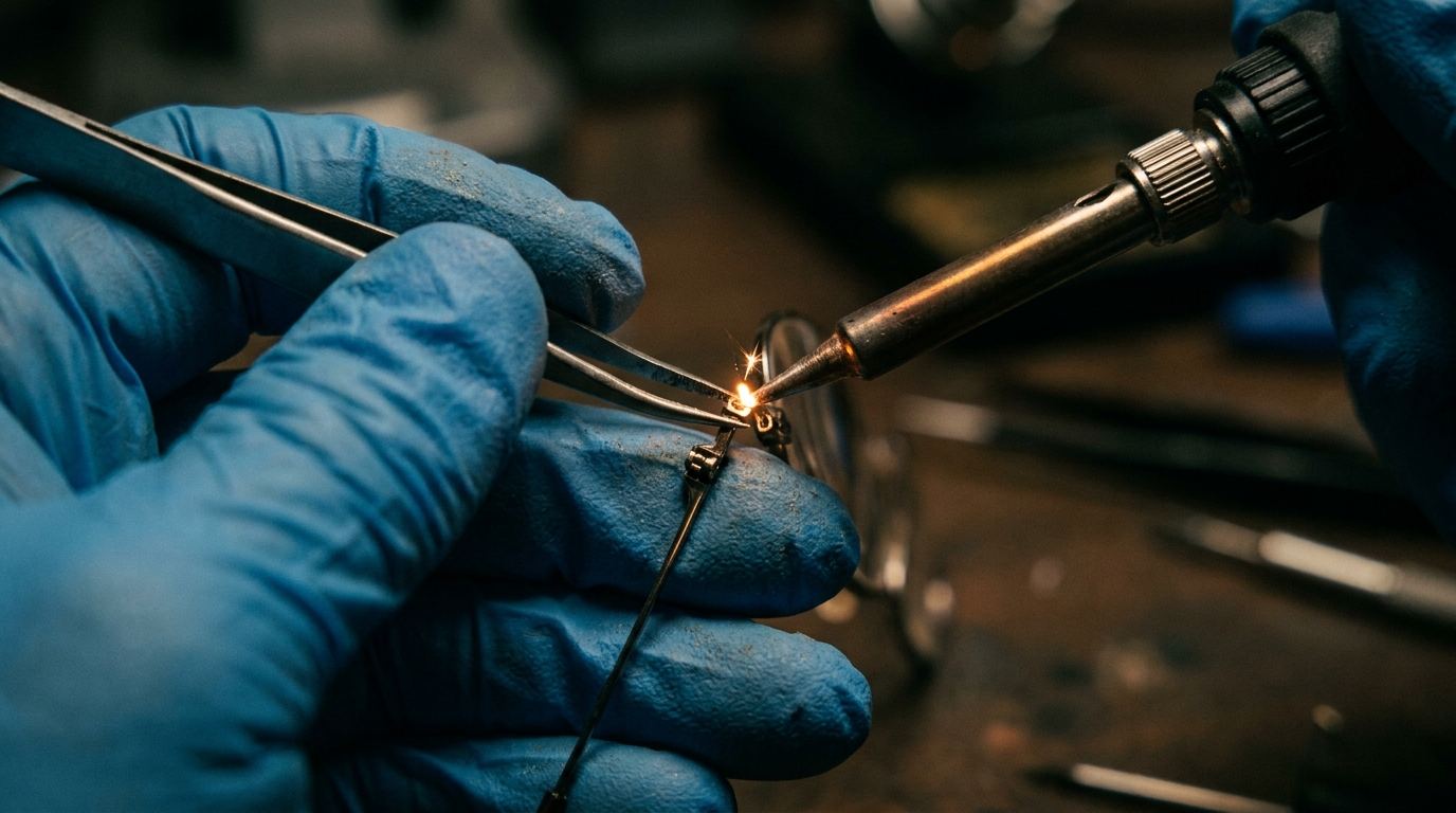 Detalle macro de soldadura de precisión en bisagra de armazón metálico