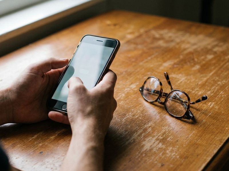 Manos sosteniendo un teléfono junto a un armazón de lentes sobre una mesa de madera, agendando una cita de óptica a domicilio