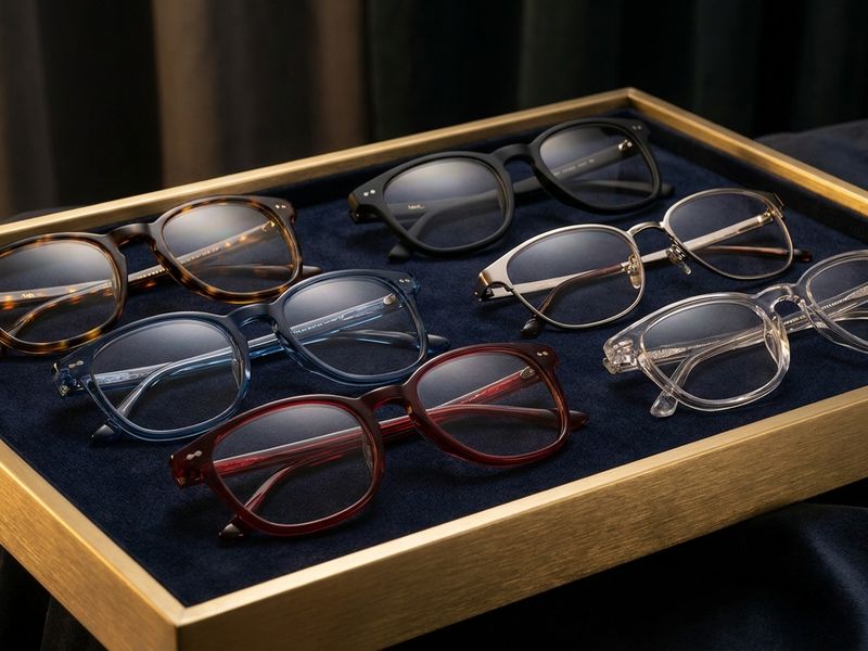 Bandeja con varios armazones de lentes de distintos estilos sobre terciopelo navy, listos para probar en la visita a domicilio