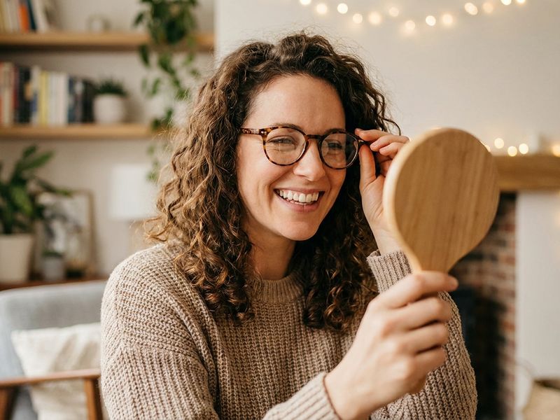 Mujer sonriendo mientras se prueba sus lentes nuevos frente a un espejo, en la entrega a domicilio