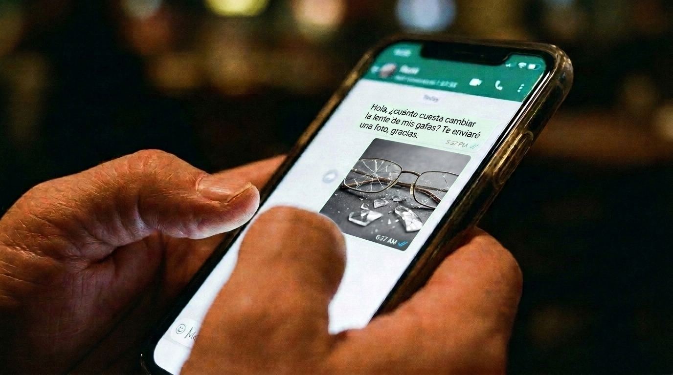 Manos sosteniendo un teléfono con una foto de un armazón de lentes roto en la conversación de WhatsApp
