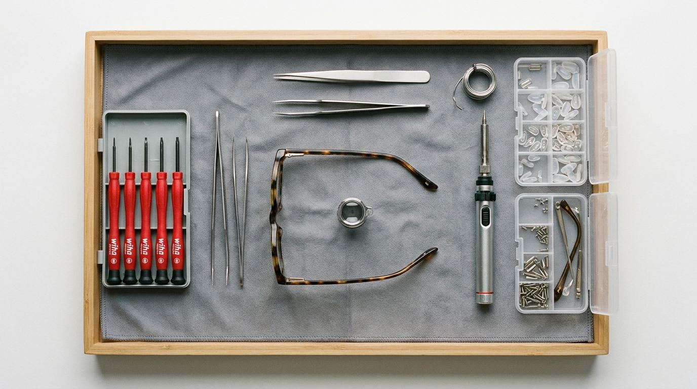 Herramientas de reparación de lentes ordenadas sobre una mesa durante el servicio a domicilio